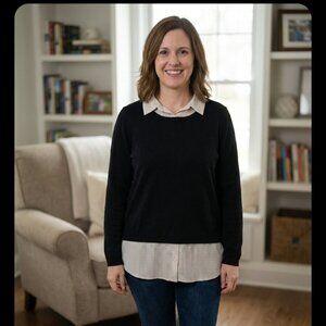 Adrianna Papell black sweater with cream polkadot collared faux blouse size XL